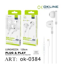 ART.OK-0384 OKLINE AURICOLARE PLUG PLAY A FILO INTRECCIATO IPHONE LIGHTNING BIANCO